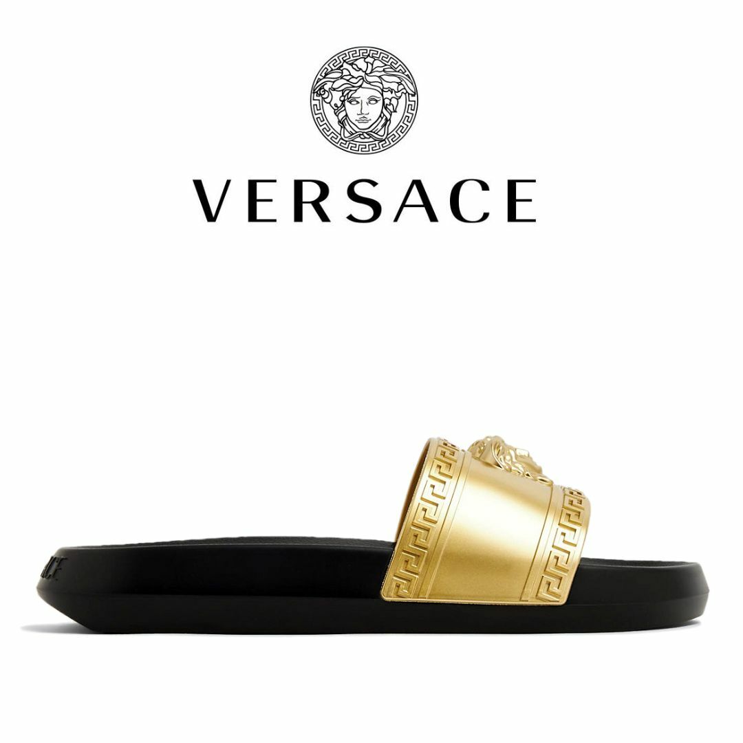 メンズ送料無料 6 VERSACE ヴェルサーチ 1008733 DGOLG ブラック×ゴールド スライドサンダル シャワーサンダル ロゴモチーフ size 40.0