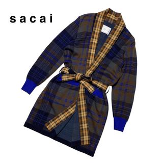 サカイ(sacai)の☆良品 サカイ 15AW タータンチェック ウール ニット ガウンコート 日本製(チェスターコート)