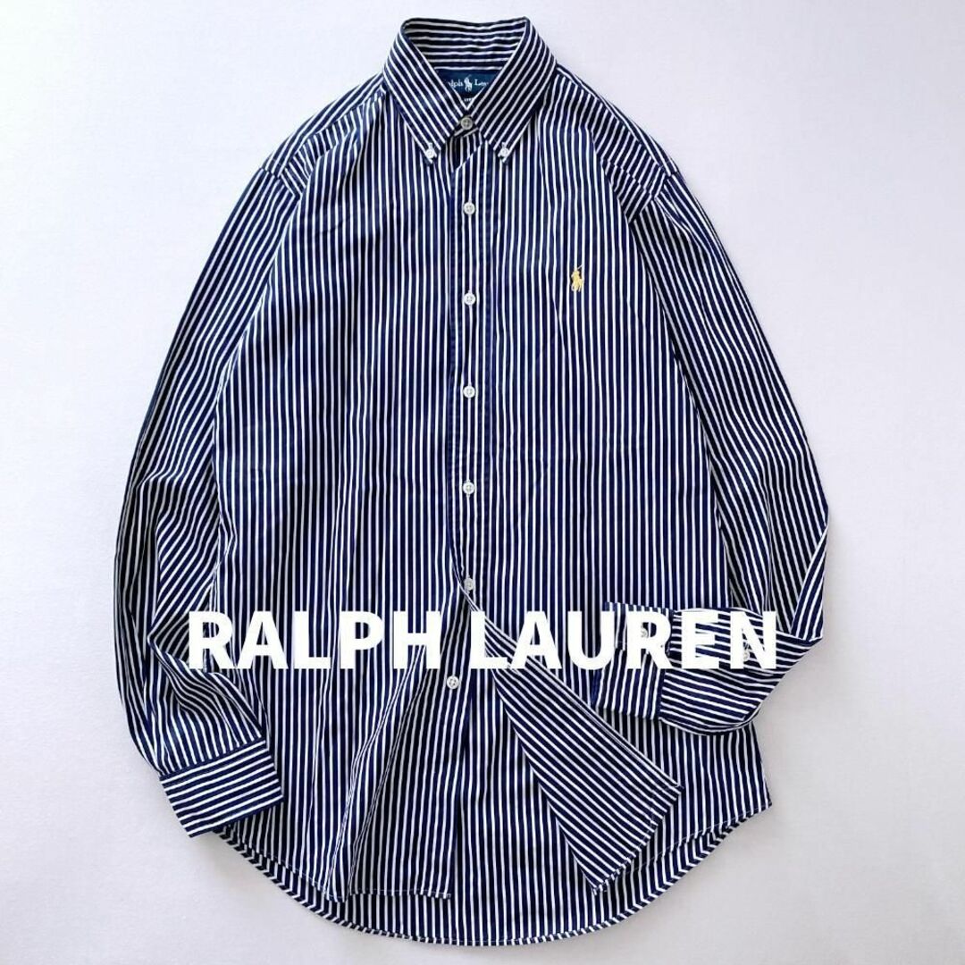 Ralph Lauren(ラルフローレン)のラルフローレン　ボタンダウンストライプシャツ　イエローポニー刺繍　ネイビー　S メンズのトップス(シャツ)の商品写真