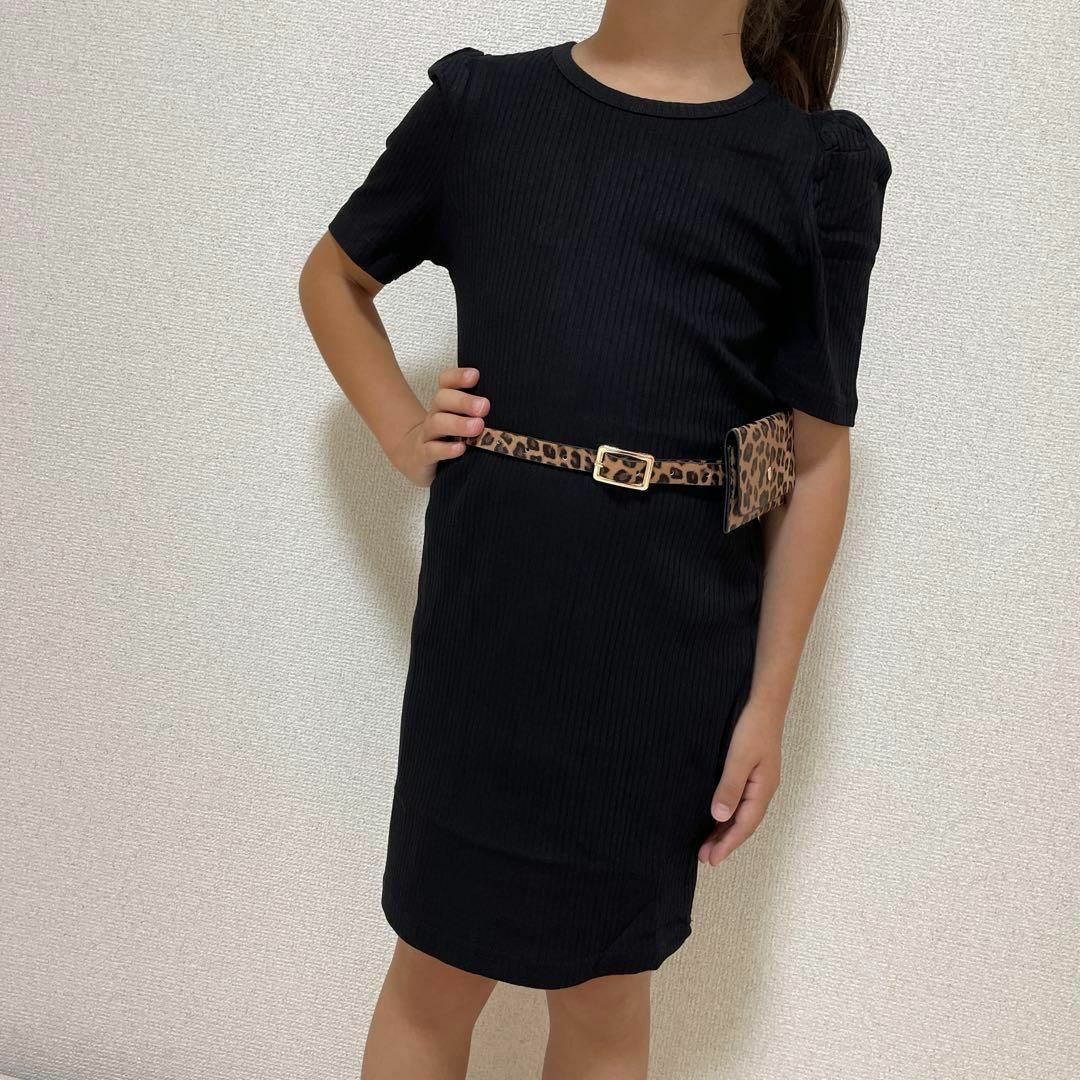 おしゃれ リブ ワンピース ロング 半袖 ベルト付き 夏 女の子 黒 130 キッズ/ベビー/マタニティのキッズ服女の子用(90cm~)(ワンピース)の商品写真