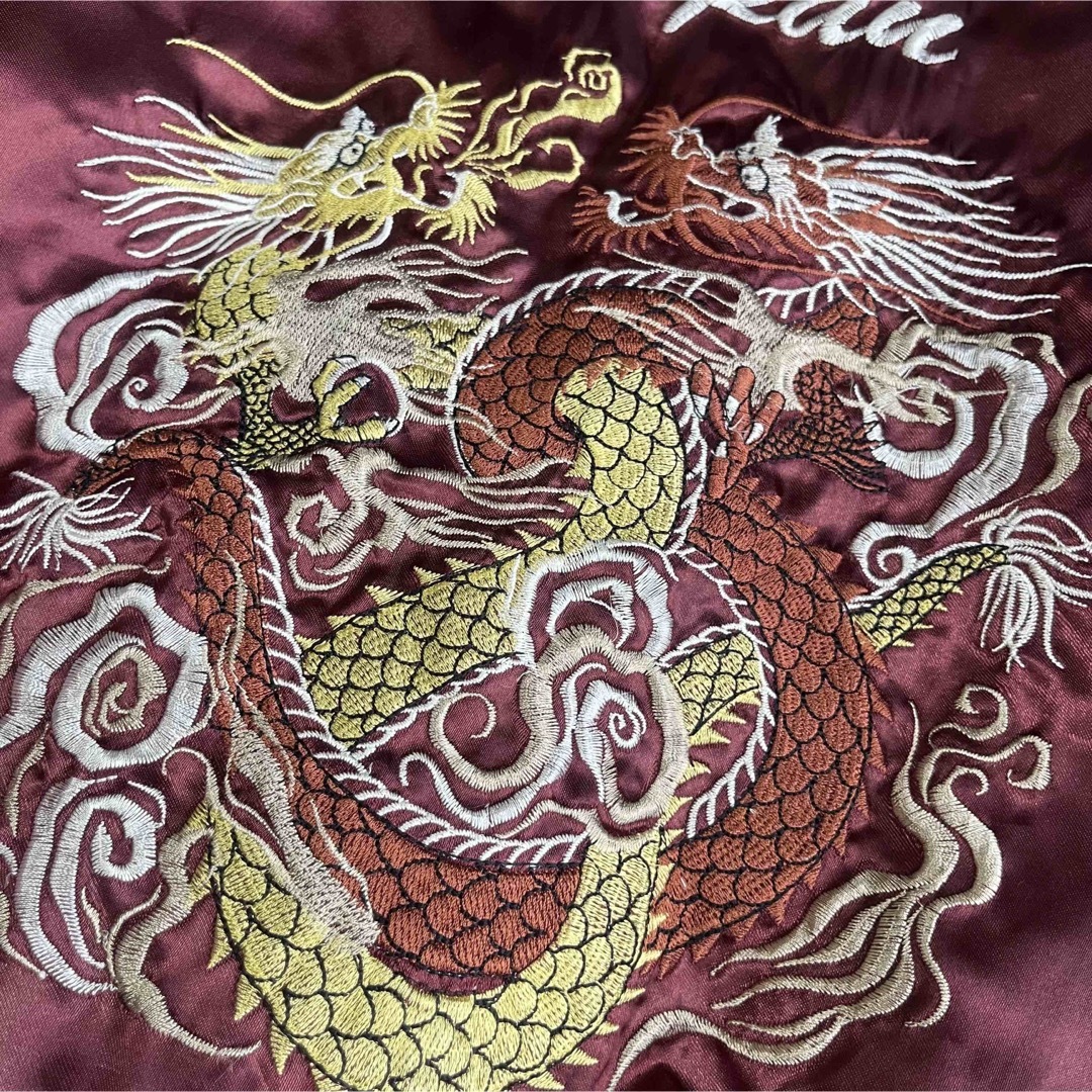 一心如鏡】スカジャン（L）トラ 龍 総刺繍 和柄 サテン ワインレッド-