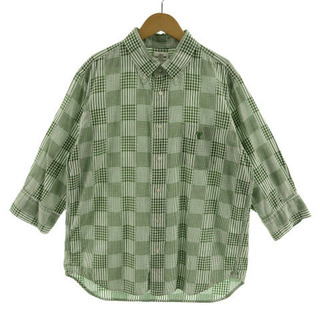 コーエン(coen)のcoen シャツ ボタンダウン ベア 熊 刺繍 七分袖 チェック 緑 白 XL(シャツ)