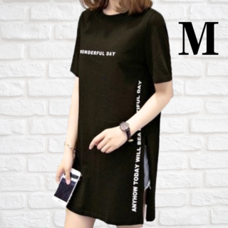 ミニワンピース ワンポイントロゴ フェイクTシャツ風 スリッド風 ブラック M(ミニワンピース)
