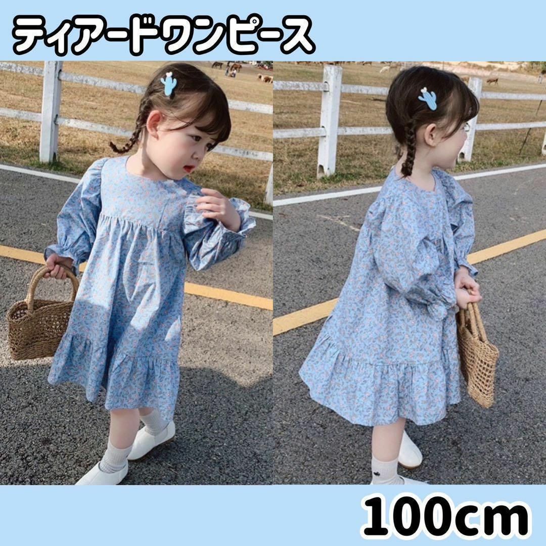 匿名配送 子供服 ワンピース 100 女の子 秋服 長袖 花柄 ドレス お姫様 キッズ/ベビー/マタニティのキッズ服女の子用(90cm~)(ワンピース)の商品写真