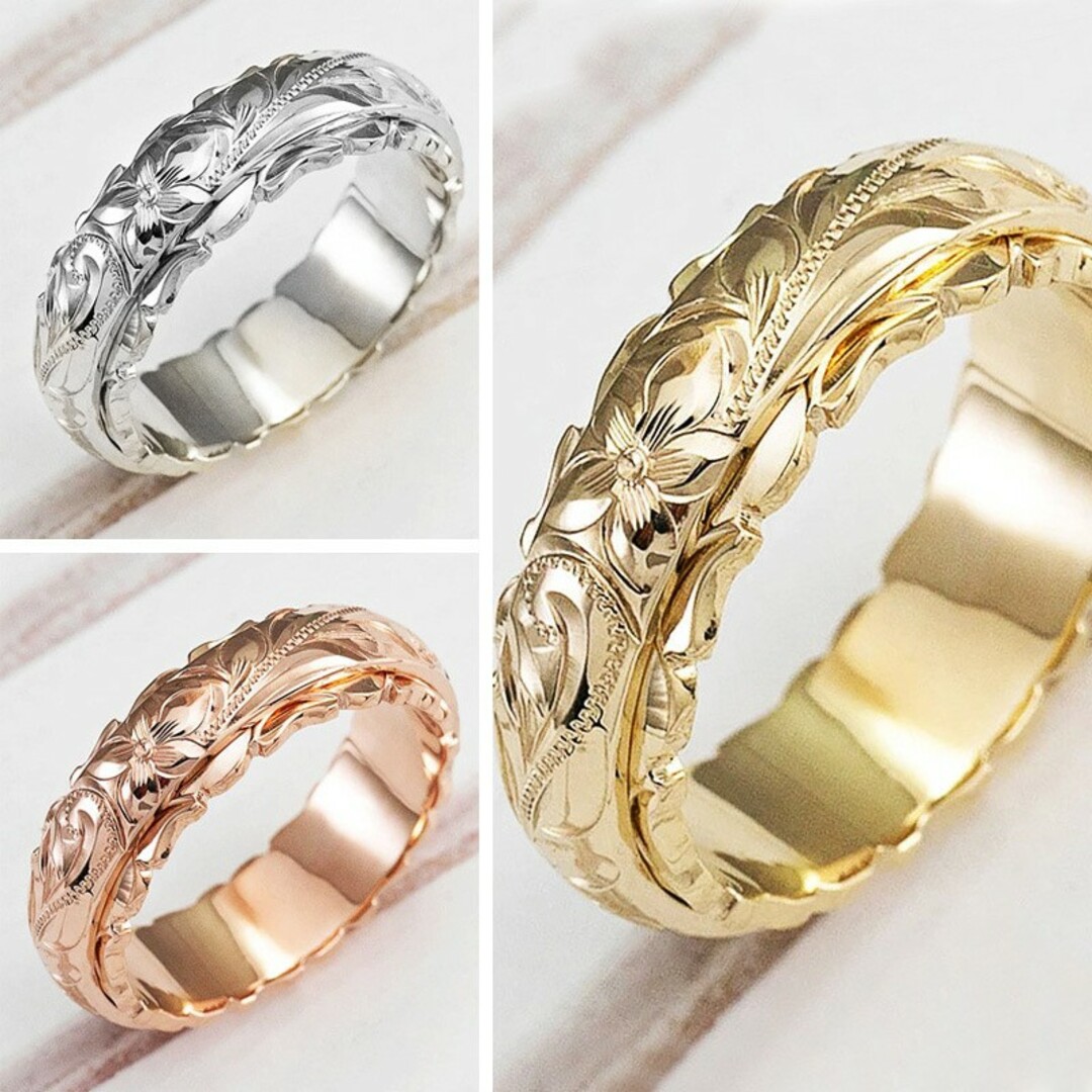 1358) ハワイアンジュエリー プルメリア 花 波 6mm幅 リング 指輪 レディースのアクセサリー(リング(指輪))の商品写真