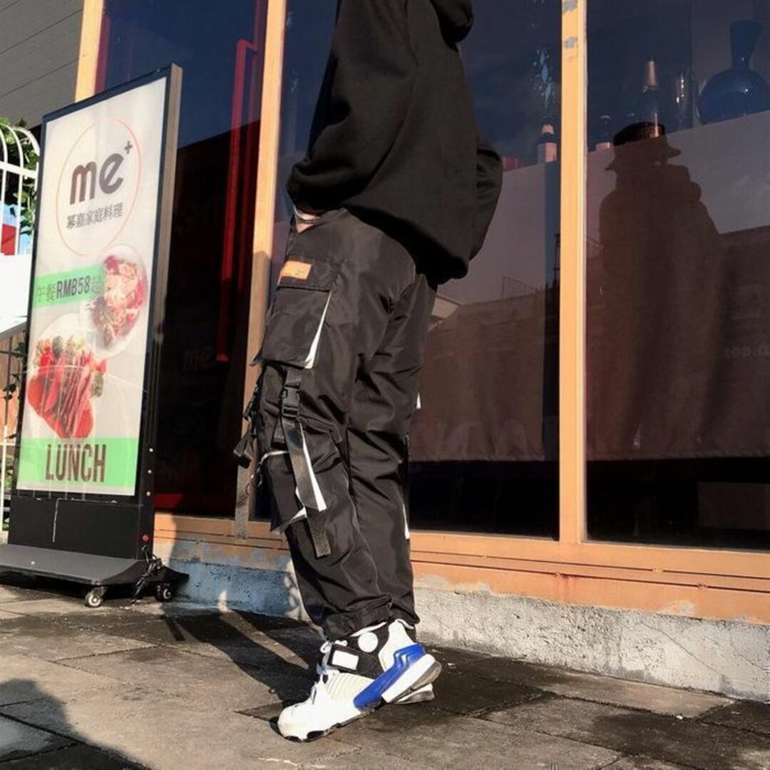 ユニセックス カーゴパンツ ポケット付き 韓国 ストリート オルチャン ブラック