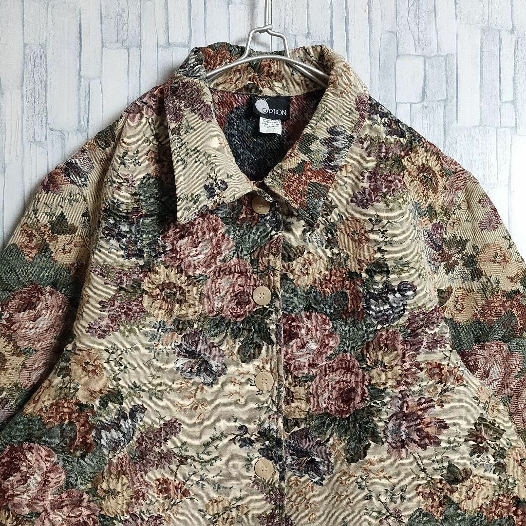 【古着】ジャガード織り ジャケット ボタニカル 花柄 刺繍総柄 ボタン留め