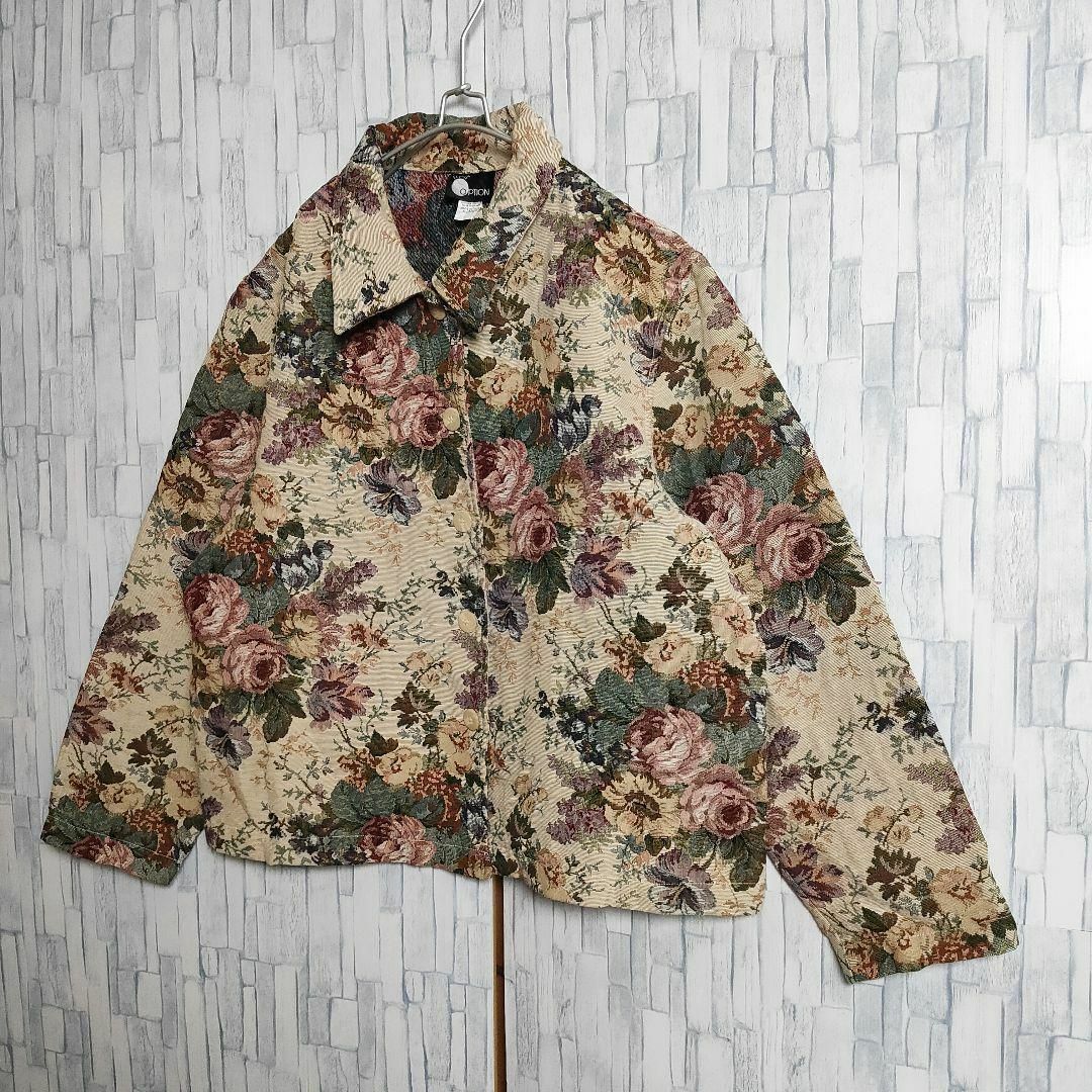 古着】ジャガード織り ジャケット ボタニカル 花柄 刺繍総柄 ボタン