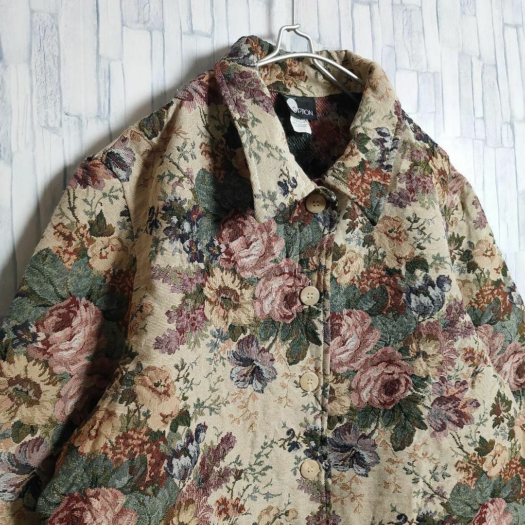 古着】ジャガード織り ジャケット ボタニカル 花柄 刺繍総柄 ボタン