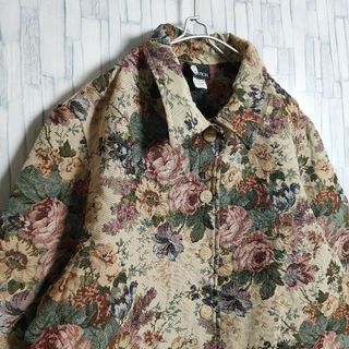 古着】ジャガード織り ジャケット ボタニカル 花柄 刺繍総柄 ボタン
