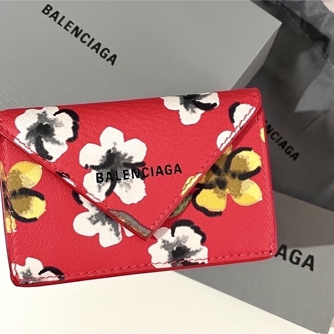 BALENCIAGA ペーパーミニウォレット　ミニ財布　花柄　レッドマルチ