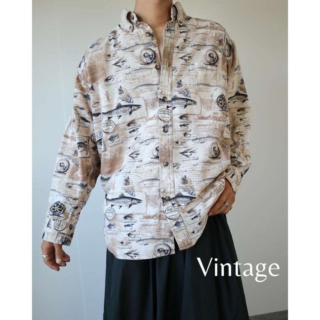 ART VINTAGE(アートヴィンテージ)の【vintage】フィッシュ 魚 デザイン 総柄 ボタンダウン 長袖 綿 シャツ メンズのトップス(シャツ)の商品写真