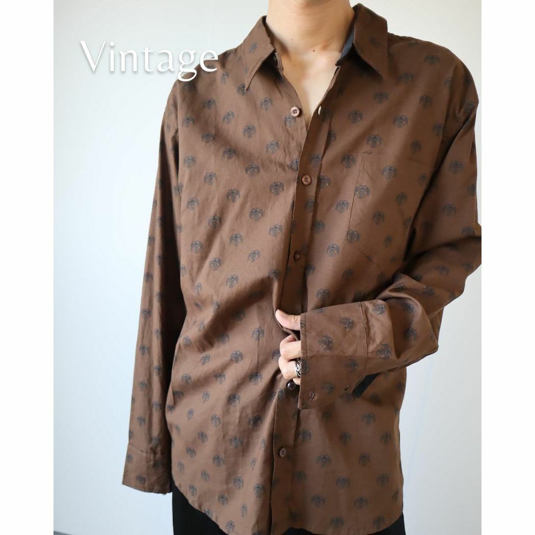 arie長袖シャツ✿【vintage】髑髏 スカル デザイン 総柄 長袖 コットンシャツ 2XL 茶