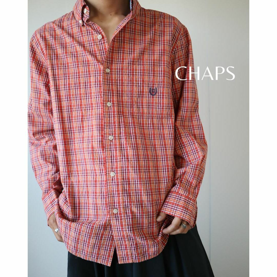 CHAPS オックスフォード シャツ ボタンダウン 刺繍ロゴ 長袖 チェック 綿