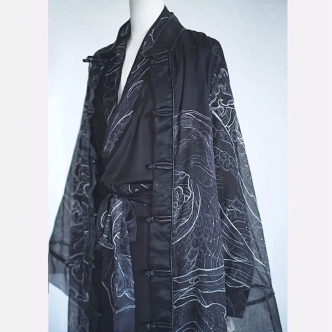 Yohji Yamamoto(ヨウジヤマモト)の饕餮·嬰魂　對襟長褂 黒白色ロングコート　中華風　ゴシック　侘び寂び　着物　漢服 レディースのジャケット/アウター(ロングコート)の商品写真