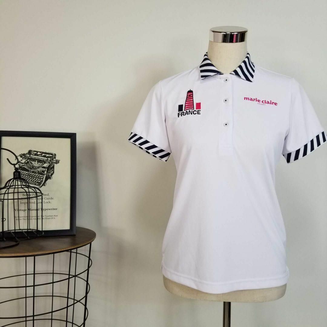 Marie Claire(マリクレール)の美品マリークレールスポーツ鹿の子ショートスリーブポロシャツM白ゴルフ テニス レディースのトップス(ポロシャツ)の商品写真