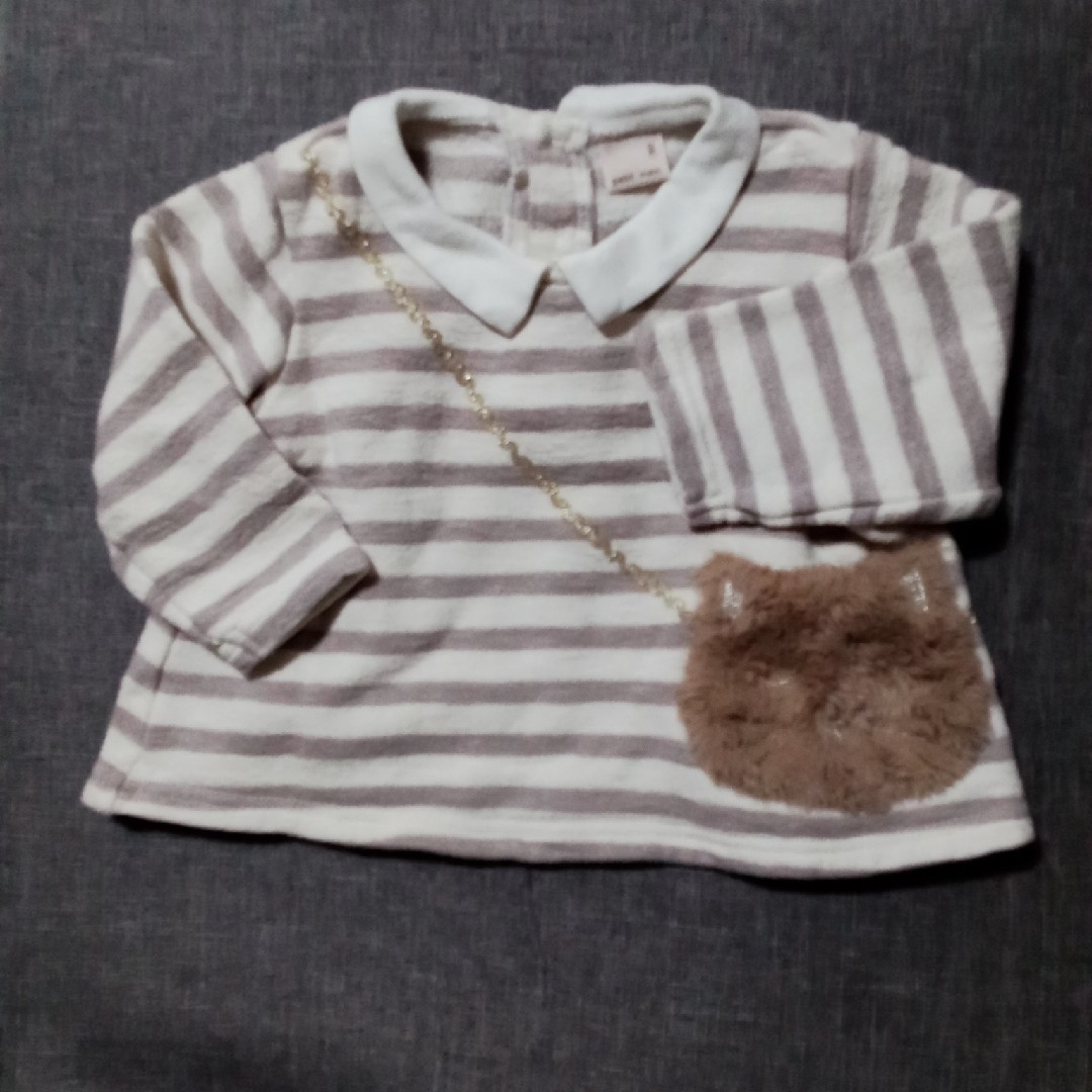 petit main(プティマイン)のプティマイン 猫ポシェットトレーナー　白xライトグレー　80 キッズ/ベビー/マタニティのベビー服(~85cm)(トレーナー)の商品写真