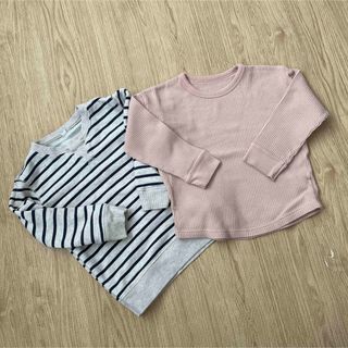 ユニクロ(UNIQLO)のユニクロ ワッフル生地トップス & 無印 ボーダー柄スウェット(Tシャツ/カットソー)