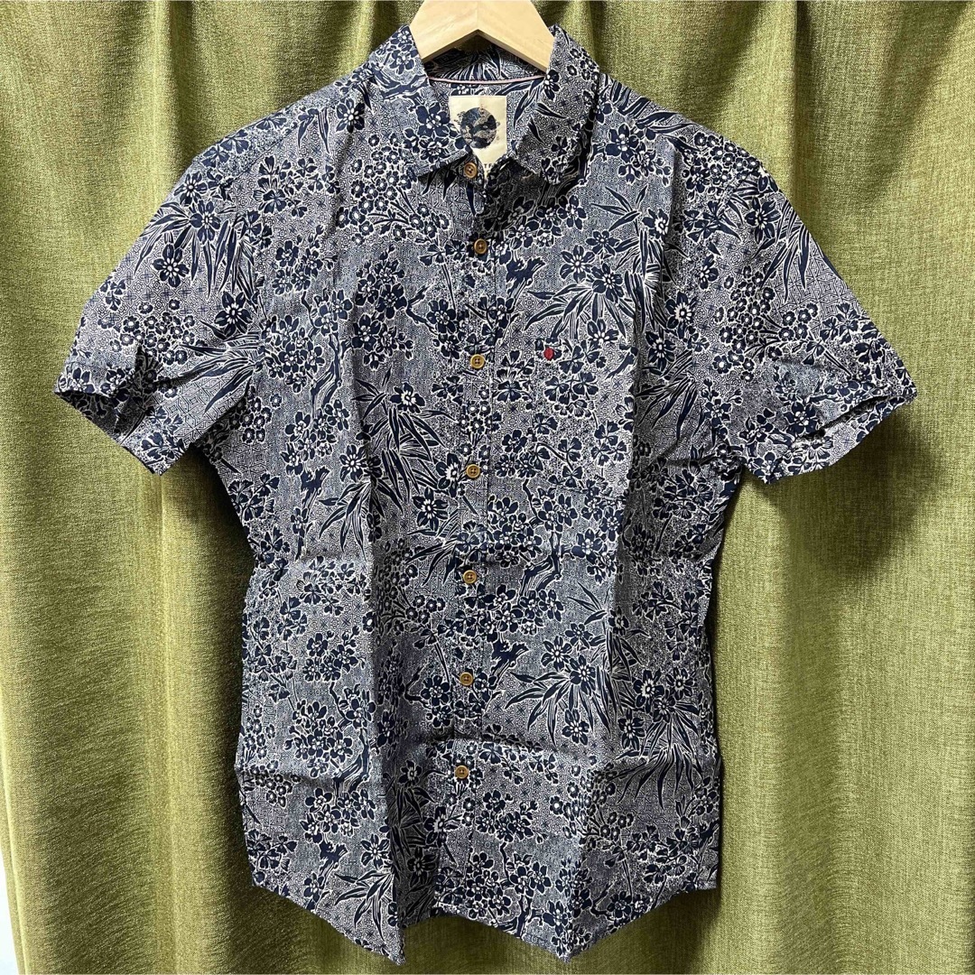 リネンシャツ　麻シャツ　総柄　インディゴ　日本デザイン