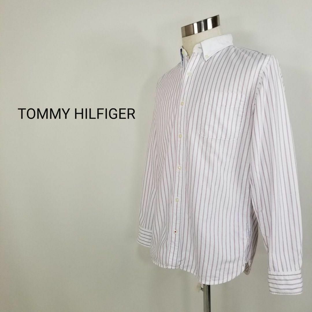 TOMMY HILFIGER(トミーヒルフィガー)のTOMMY HILFIGERメンズXL長袖ストライプ柄ボタンダウンシャツ白紺赤 メンズのトップス(Tシャツ/カットソー(半袖/袖なし))の商品写真