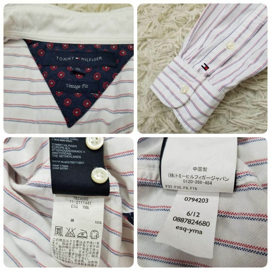 TOMMY HILFIGER(トミーヒルフィガー)のTOMMY HILFIGERメンズXL長袖ストライプ柄ボタンダウンシャツ白紺赤 メンズのトップス(Tシャツ/カットソー(半袖/袖なし))の商品写真