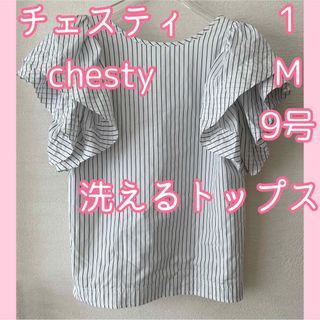 チェスティ(Chesty)のチェスティ トップス 1 M 9号 肩フリル ストライプ 白 ホワイト シャツ(シャツ/ブラウス(半袖/袖なし))