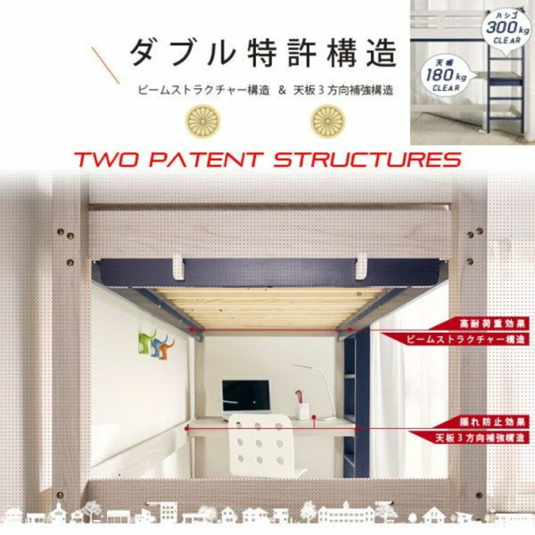 ロフトベッド イーニー2 業務用 高177cm HI-BASIC WH-ネイビーの ロフトベッド イーニー2 業務用 高177cm HI-BASIC WH-ネイビーの