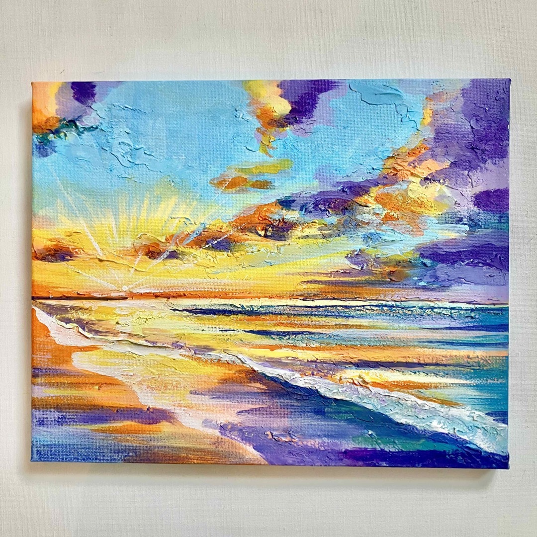 sunset＊風景画　海　夕日　絵画　テクスチャーアート　アクリル画