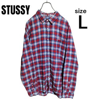 ステューシー(STUSSY)の【希少デザイン】STUSSY 刺繍ロゴ チェックシャツ  レッド 長袖 Lサイズ(シャツ)