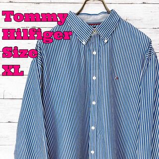 トミーヒルフィガー(TOMMY HILFIGER)のトミーヒルフィガー　オーバーサイズＸＬ　青ブルーストライプ　ＢＤ長袖シャツ　古着(シャツ)