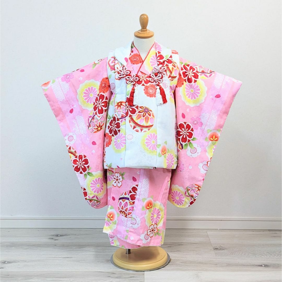 女の子 七五三 3歳 被布 着物 フルセット 矢絣 毬 桜 ピンク D5の通販