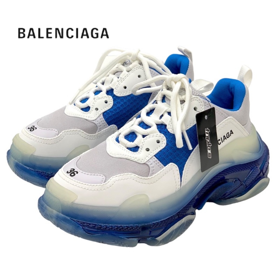 バレンシアガ BALENCIAGA トリプルS スニーカー 靴 シューズ メッシュ レザー ブルー ホワイト 青 未使用 ロゴ