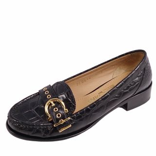 サルヴァトーレフェラガモ(Salvatore Ferragamo)の美品 サルヴァトーレ フェラガモ Salvatore Ferragamo ローファー モカシン バックル クロコ型押し シューズ レディース 6.5M(24cm相当) ブラック(ローファー/革靴)