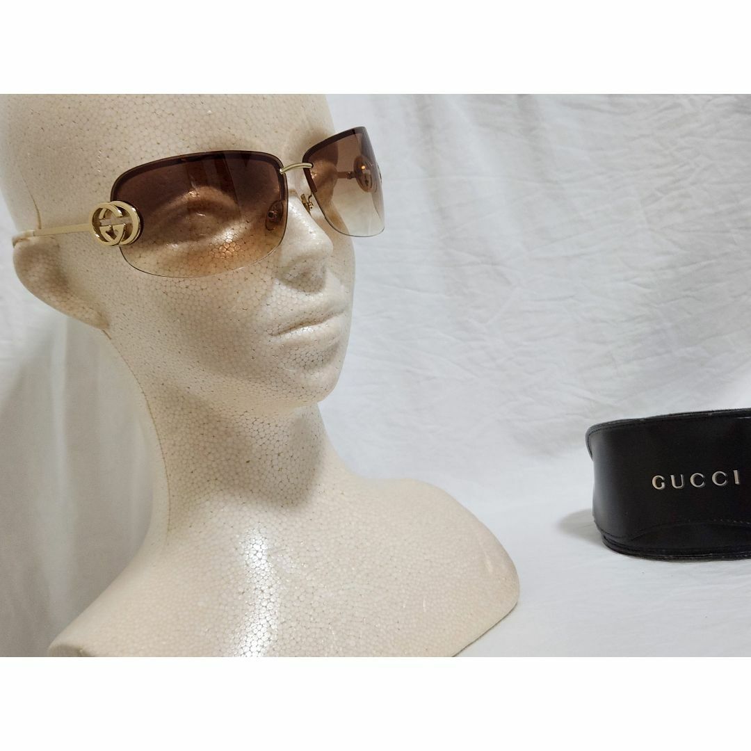 Gucci(グッチ)の正規 レア グッチ GGロゴ シャイニーメタルフレームサングラス 茶×金 付属有 メンズのファッション小物(サングラス/メガネ)の商品写真
