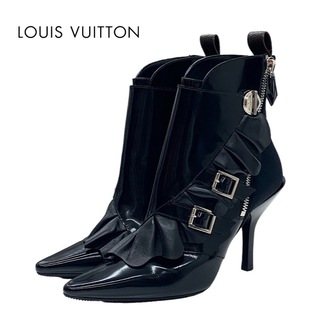 ルイヴィトン(LOUIS VUITTON)のルイヴィトン LOUIS VUITTON ブーツ ショートブーツ 靴 シューズ レザー ファブリック ブラック 黒 シルバー ベルト フリル アンクルブーツ(ブーツ)