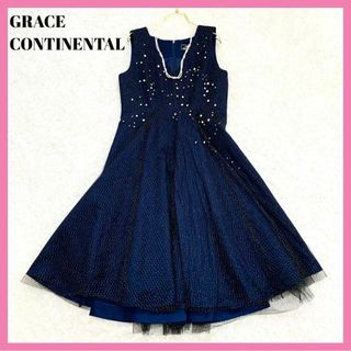 グレースコンチネンタル(GRACE CONTINENTAL)の極美品✨グレースコンチネンタル ワンピース ビジュー チュール ネイビー 紺 F(ひざ丈ワンピース)