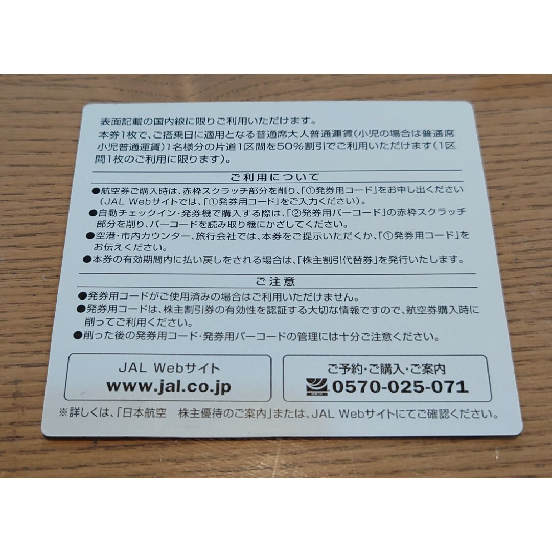 JAL国内線  片道1人分半額チケット(2024年5月31日分まで)株主割引券 1