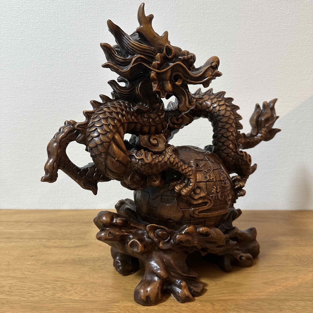置物☆美術 精密細工 木彫り 風水龍 工芸品 装飾品 オフィス 龍 置き物