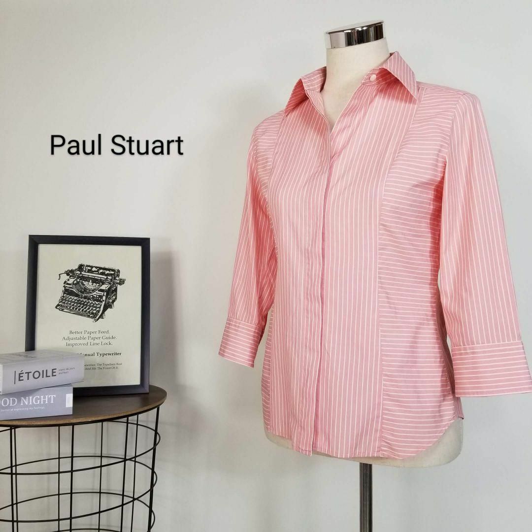 Paul Stuart(ポールスチュアート)のポールスチュアート七分袖ストライプ×ボーダー柄スキッパーカラーシャツM桃白 レディースのトップス(シャツ/ブラウス(長袖/七分))の商品写真