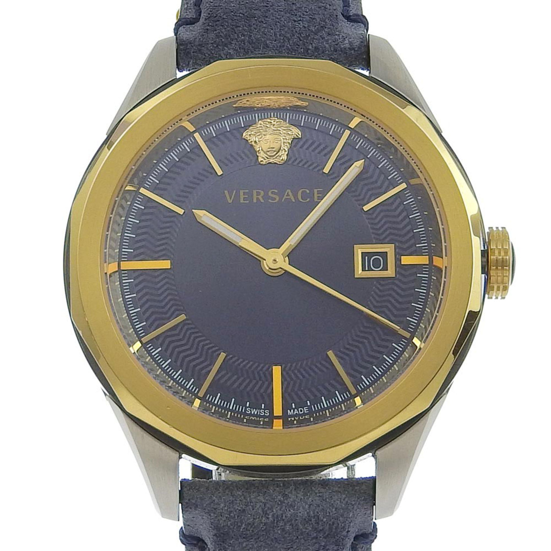 微細キズあり本体ケース【VERSACE】ヴェルサーチ VERA WR5 ステンレススチール×レザー ゴールド クオーツ アナログ表示 メンズ ネイビー文字盤 腕時計