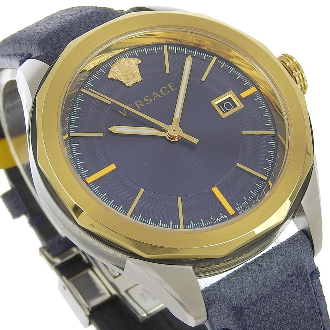 【VERSACE】ヴェルサーチ VERA WR5 ステンレススチール×レザー ゴールド クオーツ アナログ表示 メンズ ネイビー文字盤 腕時計