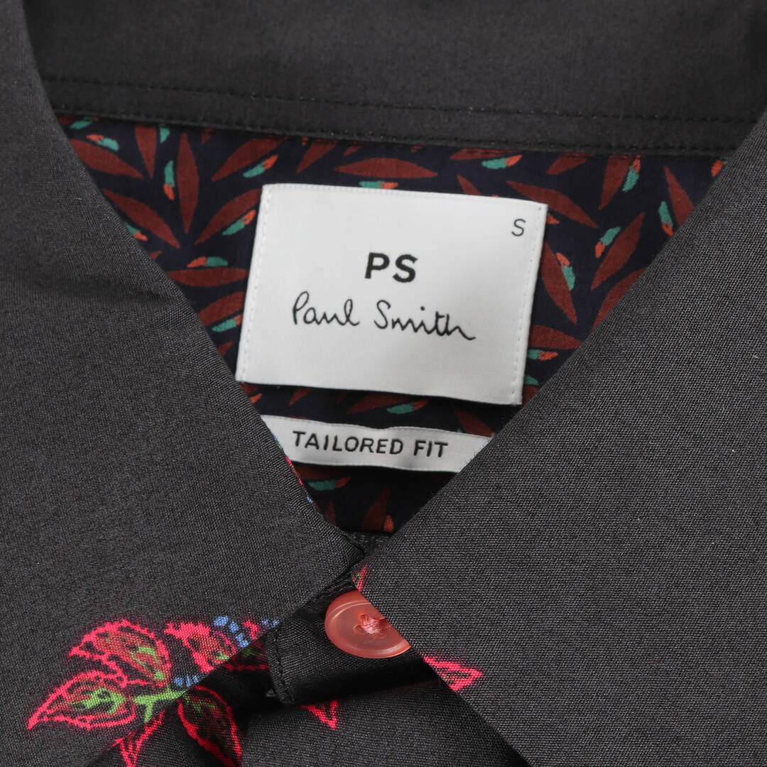 Paul Smith ポールスミス シャツ サイズ:S ボタニカル テーラードフィット ブロード ドレス シャツ フローラル 花柄 TAILORED  FIT PS 近年モデル チャコールブラック トップス カジュアルシャツ 長袖 【メンズ】【中古】【美品】