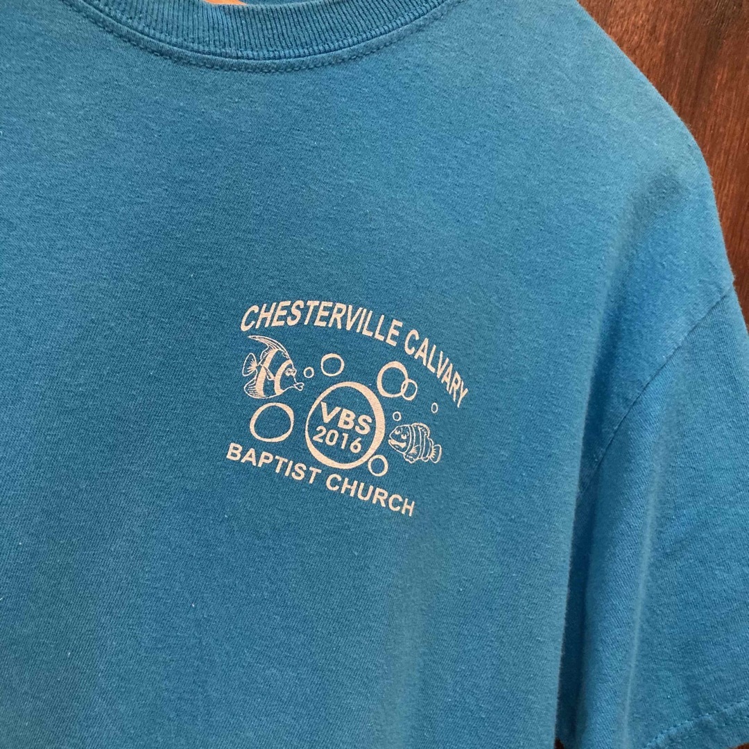 アメリカ古着 半袖Tシャツ プリントT 讃美歌プリント ターコイズ Mサイズ メンズのトップス(Tシャツ/カットソー(半袖/袖なし))の商品写真