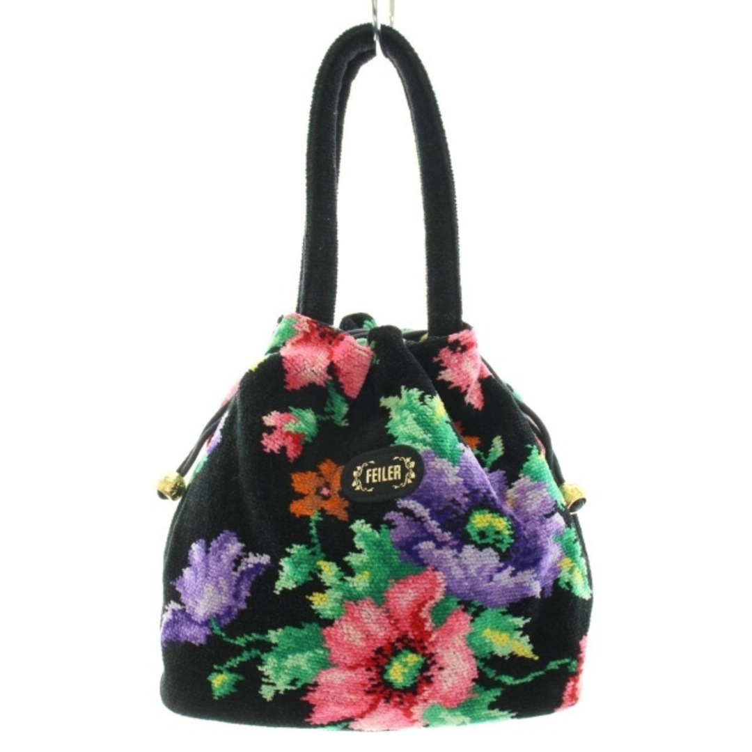 フェイラー FEILER ハンドバッグ 巾着 花柄 ベルベット 鞄 黒