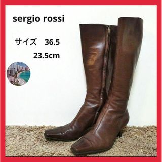 セルジオロッシ(Sergio Rossi)のセルジオロッシレザーロングブーツブラウン23.5cmスクエアトウ太ヒール靴茶本皮(ブーツ)