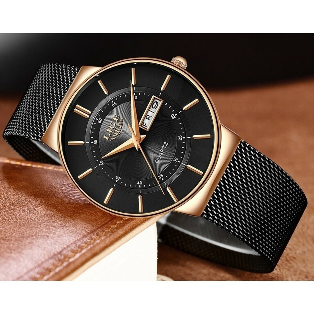 メンズ腕時計 新品 最新 LIGE 高級 薄型 防水 ブラック&ゴールド メンズの時計(腕時計(アナログ))の商品写真