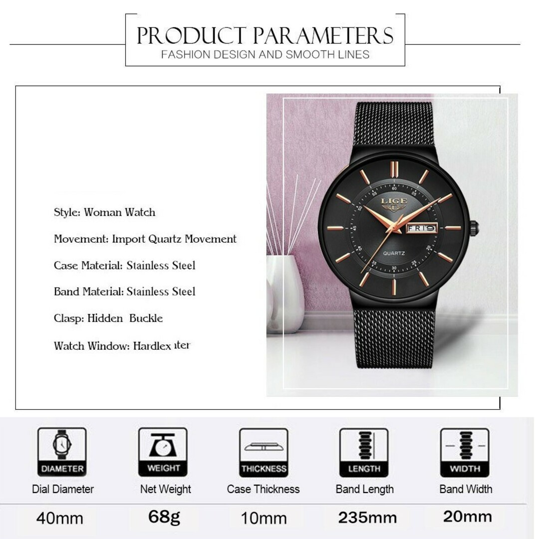 メンズ腕時計 新品 最新 LIGE 高級 薄型 防水 ブラック&ゴールド メンズの時計(腕時計(アナログ))の商品写真