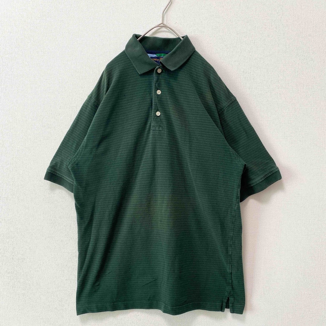 TOMMY HILFIGER(トミーヒルフィガー)のトミーヒルフィガー　半袖ポロシャツ　ラガー　ボーダー　男女兼用　緑色　Mサイズ メンズのトップス(ポロシャツ)の商品写真