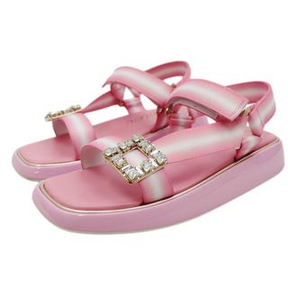 ロジェヴィヴィエ(ROGER VIVIER)の美品 ロジェヴィヴィエ VivierSlideTrekky スライド サンダル レディース ピンク 白 37 ストラスバックル ストラップ Roger Vivier(サンダル)