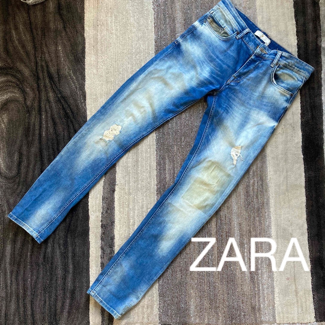 レア　ZARA ザラ　デニム　パンツ　ジーンズ　30 総柄　青　ブルー　ジーパン